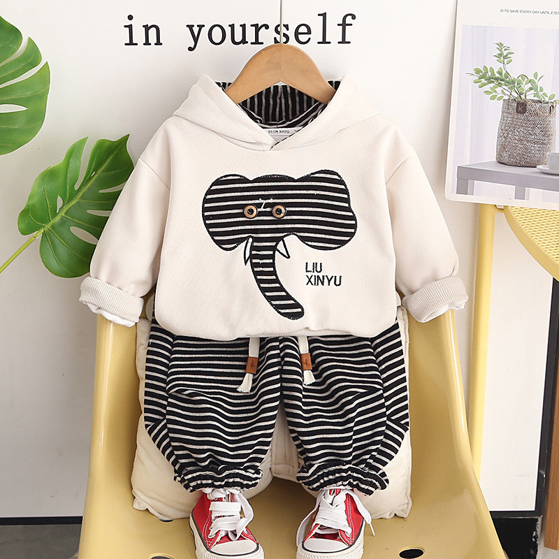 Boys' Spring and Autumn Outfit 2026 New Fashionable 3-Piece Set Children, Long-Sleeve Elephant Hoodie Two-Piece Set, Baby Clothes for 1-Year-Old Boys