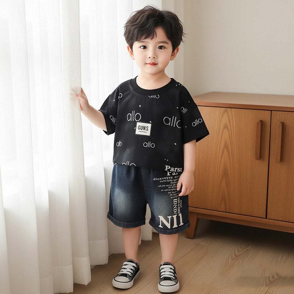 Boys' Summer Outfit 2026 New Style Children's Chest-Logo Short-Sleeve Shorts Two-Piece Set Baby Fashionable Casual Trendy