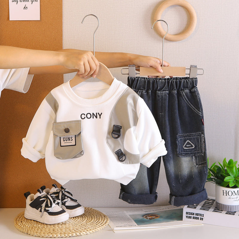 Boys' Stylish and Autumn Set 2026 New Spring Baby Long Sleeve Single Pocket Two-Piece Fashionable Toddler Outfit