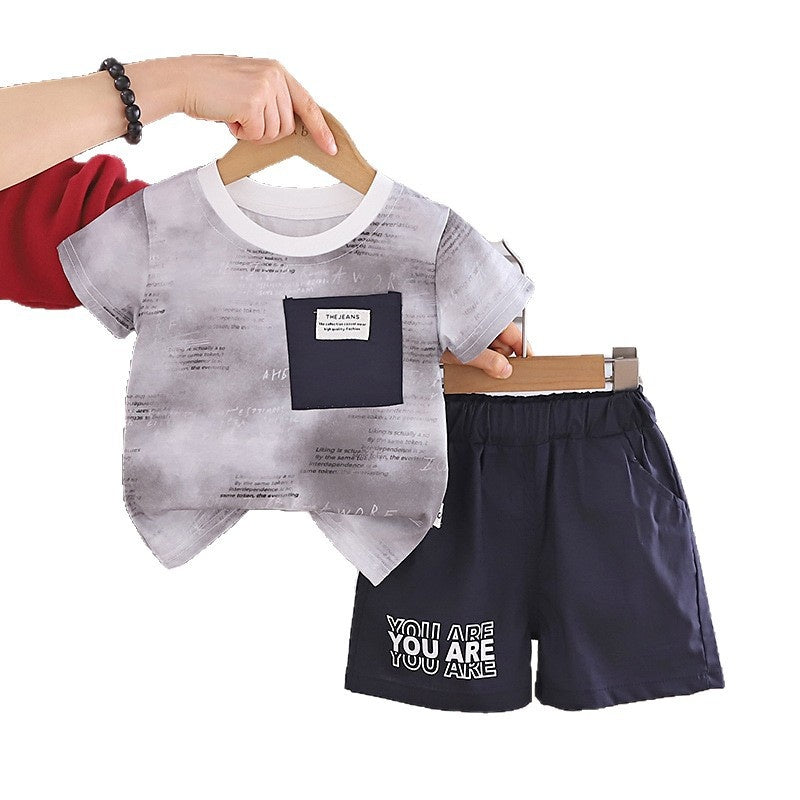 Boys' Summer Outfit 2026 New Fashionable Baby Children's Gradient Letter Print Short Sleeve Two-Piece Stylish Clothes