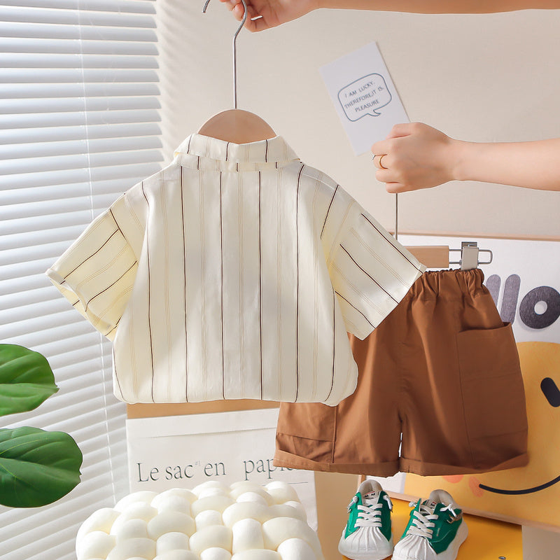 Boys' Outfit 2026 New Model 1-3 Year Olds, Summer Style for Toddlers, English Striped Short Sleeve Shirt Two-Piece Set
