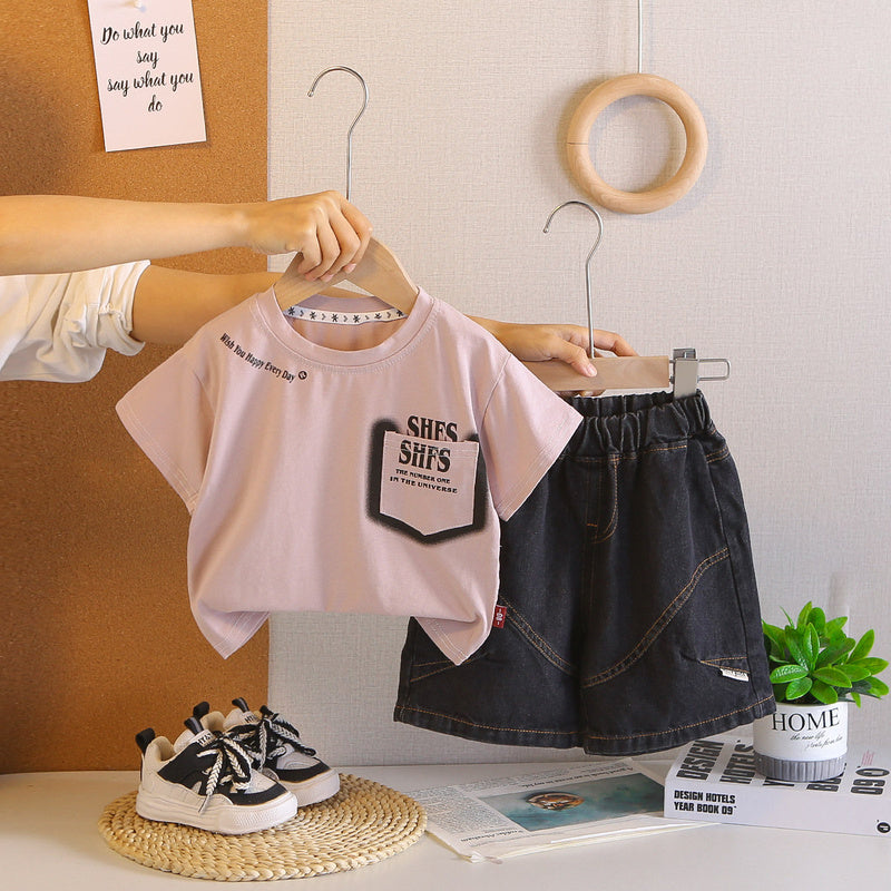 Children's clothing for boys, outfit, baby pocket letter print short-sleeve set, 2026 summer style, stylish boys' children's clothes