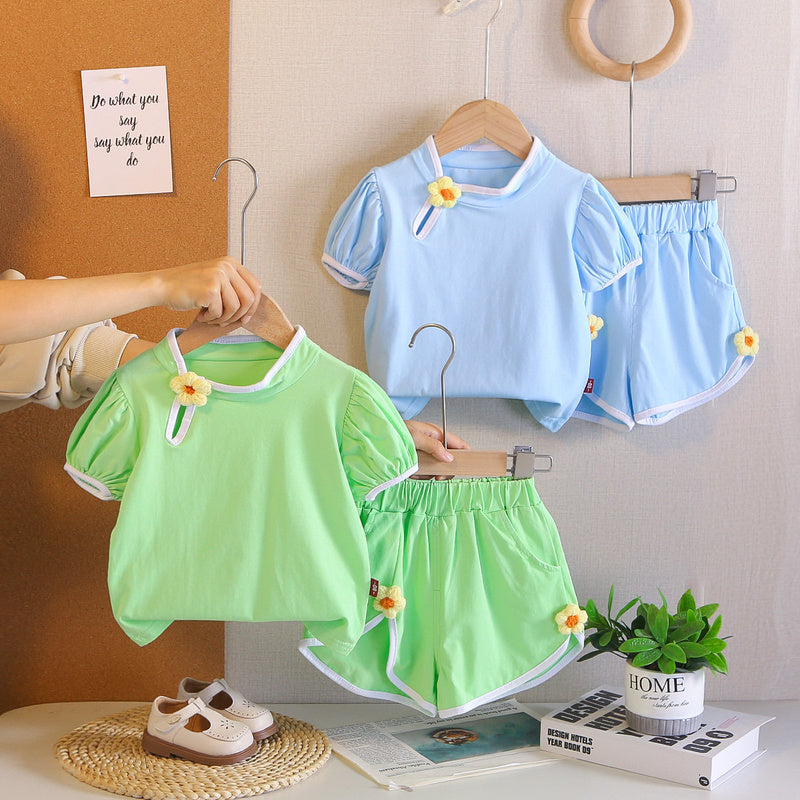 Girls' Summer Chinese Style Floral Short Sleeve 2026 New Fashionable Children's Casual Shorts Two-Piece Set
