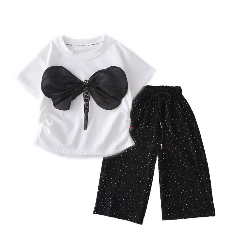 Girls' Outfit 2026 New Stylish Children's Summer Baby Girl Dragonfly Rhinestone Short Sleeve Long Pants Two-Piece Set