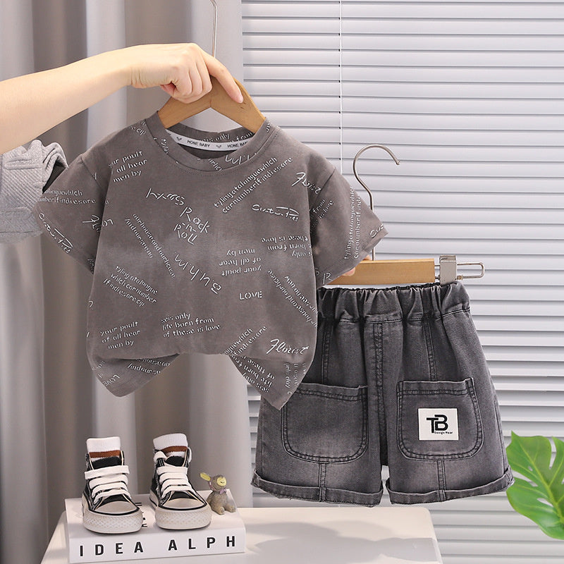 Boys' Summer Outfit 2026 New Fashionable Toddler Stylish Full-Print Small Letter Short-Sleeve Baby Two-Piece Set