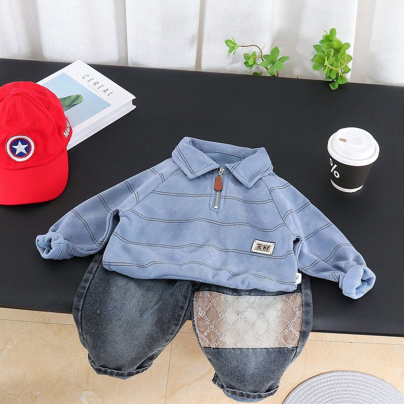Boys' Outfit 2026 New Children's Spring and Autumn Lapel Fine Striped Sweatshirt Fashionable Two-Piece Set for Trendy Babies