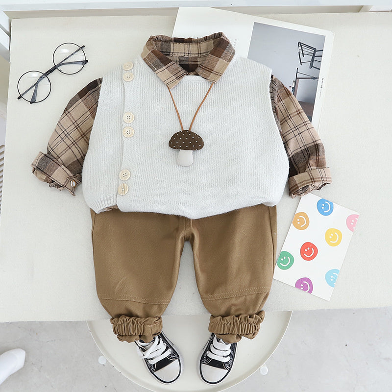 Boys' Spring Outfit 2025 New Style 0-1-5 Years Old Baby Double Button Large Plaid Vest Three-Piece Set Fashionable