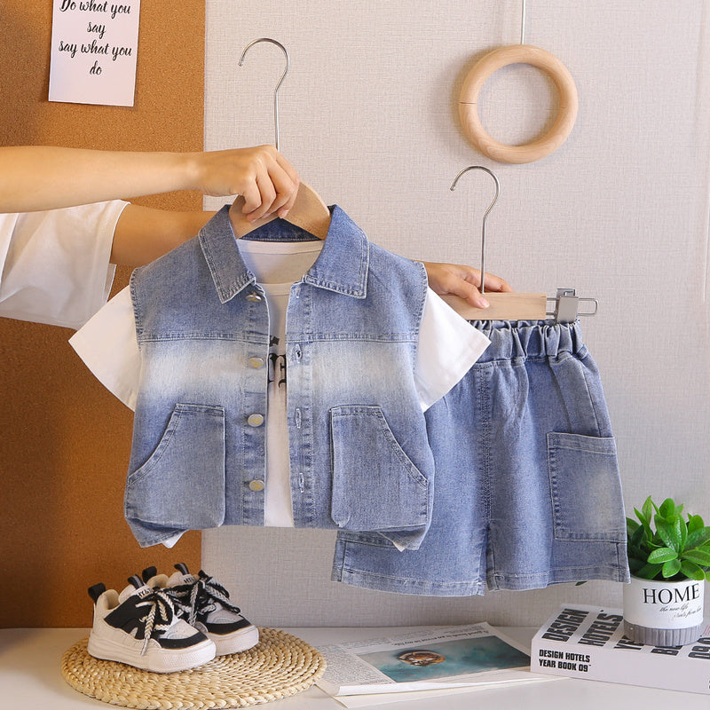 Children's clothing for boys, stylish outfit, baby summer pocket denim short-sleeve clothes, infant casual three-piece set