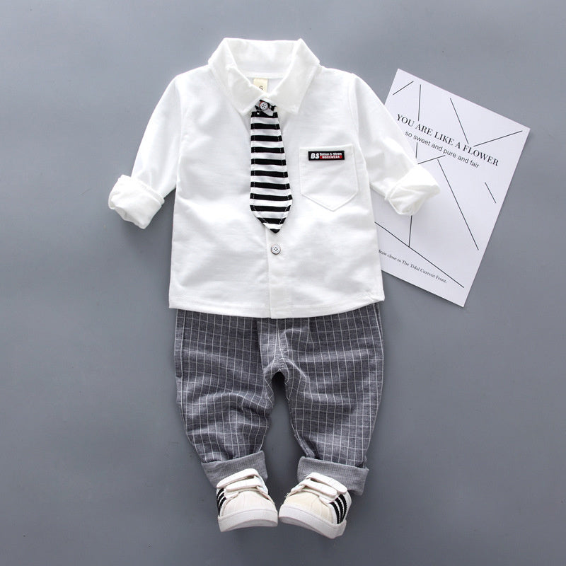 Trendy autumn outfits small medium-sized boys, new two-piece set with tie and shirt for boys aged 1-2-3 years, wholesale