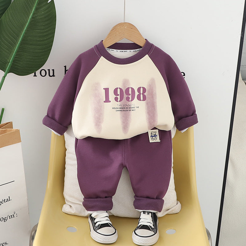 Boys' and Autumn 2025 New Baby Stylish Clothes Toddler Spring Color Block Raglan Sweatshirt Two-Piece Set Trendy