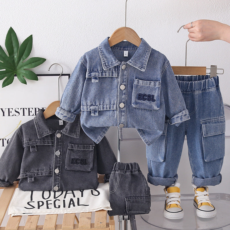 Boys' Outfit 2026 New Fashionable Children's Spring-Autumn Two-Piece Denim Set with 3D Pockets for Toddlers in Trendy Autumn Style