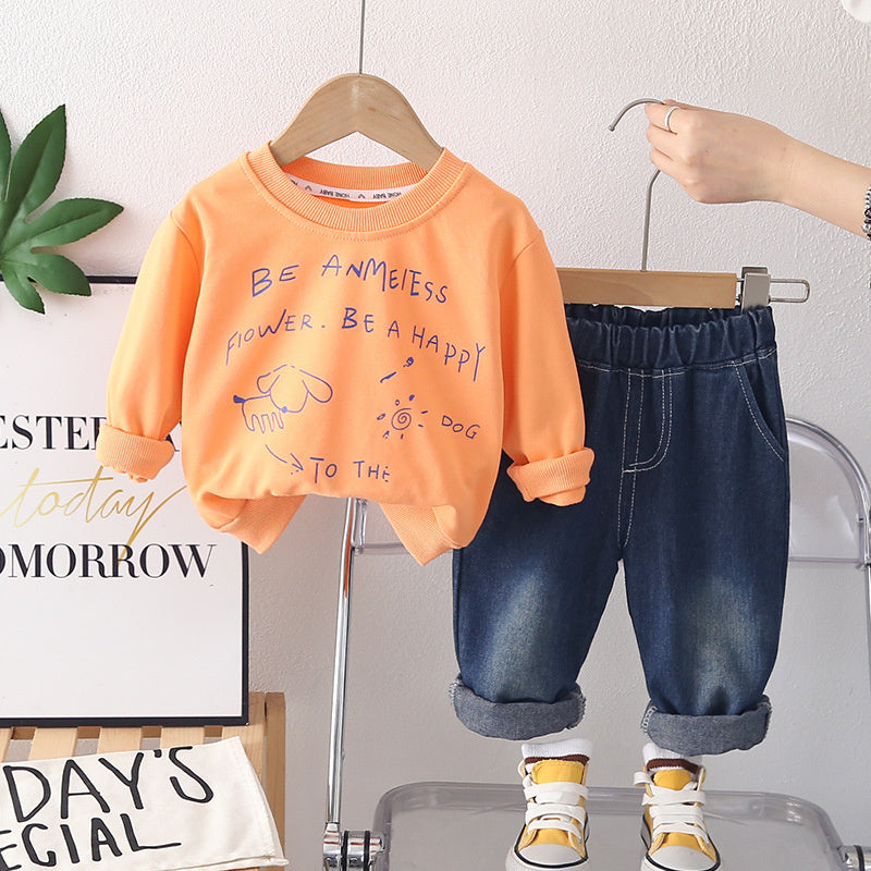Boys' sports outfit, stylish letter-print puppy sweatshirt two-piece set, trendy spring autumn clothing for infants and children