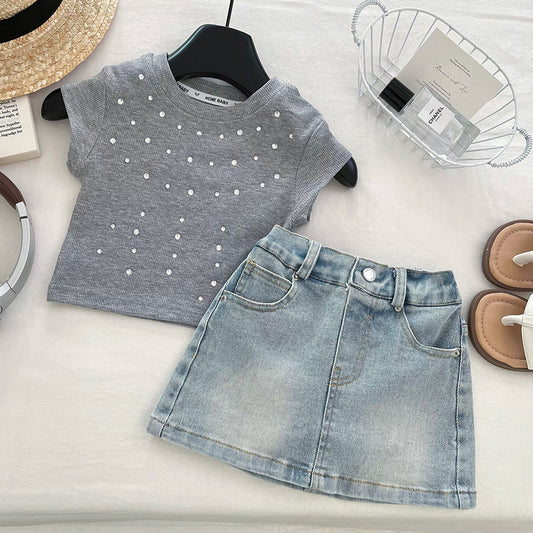 Girls' Summer Korean Style Short Sleeve T-Shirt Set 2025 New Fashionable Baby Girl Two-Piece Outfit with Sparkling Rhinestone Denim Skirt