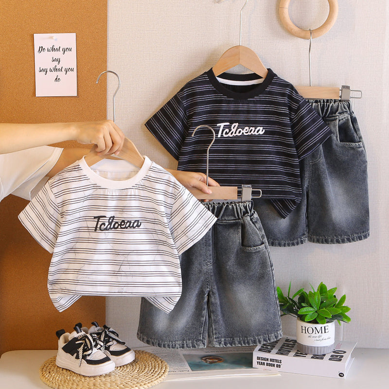 Striped Letter Baby Set for Boys, Children's Summer Stylish Outfit, Trendy T-shirt 2026 New Short Sleeve Clothes