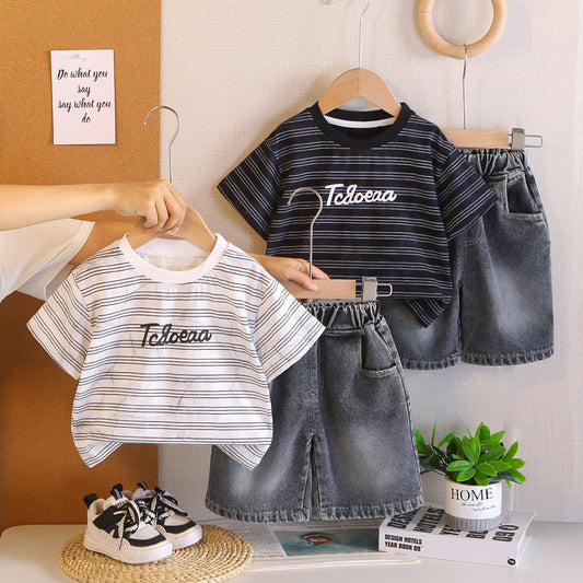 Striped Letter Baby Set for Boys, Children's Summer Stylish Outfit, Trendy T-shirt 2026 New Short Sleeve Clothes
