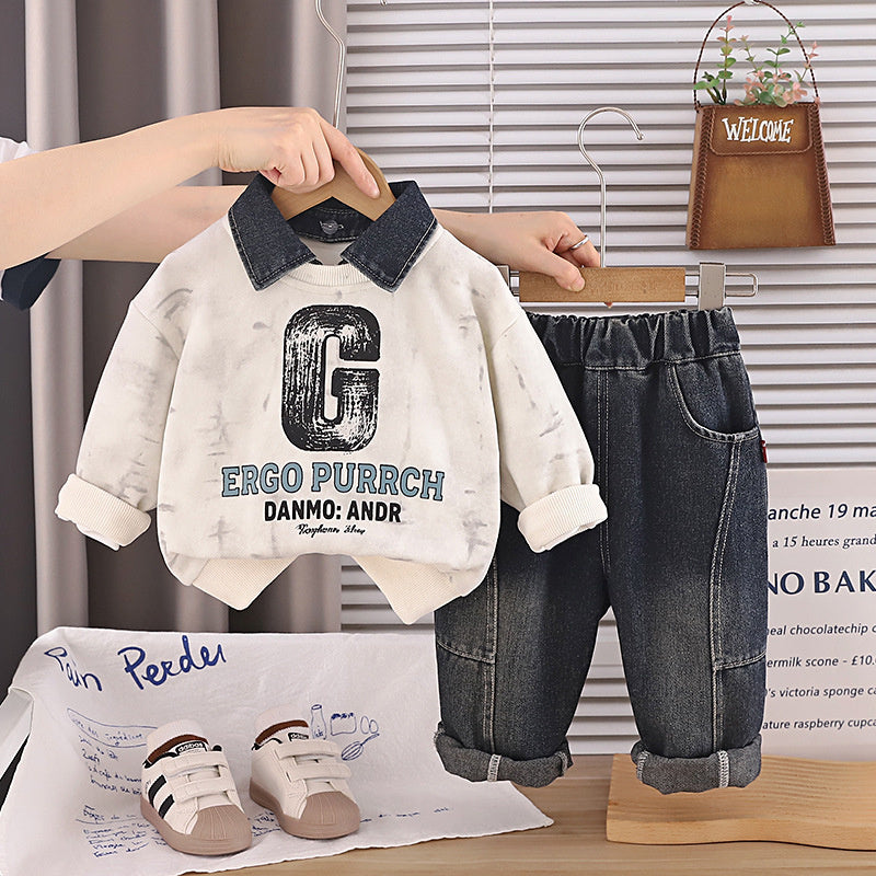 Baby boy's collared sweatshirt spring and autumn set, 0-1 year old infant clothing, 2-piece long-sleeve set for toddlers, stylish