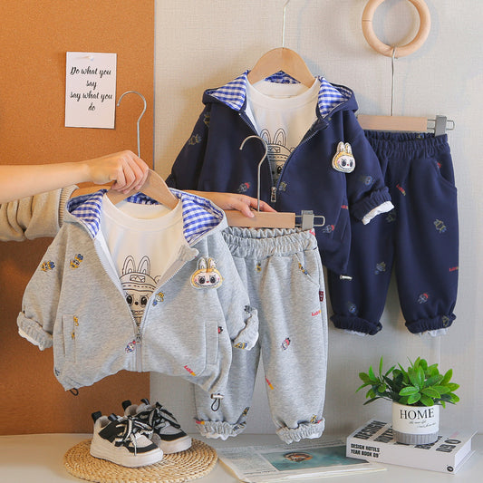 Boys' and Autumn Outfit 2026 New Children's Spring Hooded Cartoon Three-Piece Set Casual Clothes for Boys