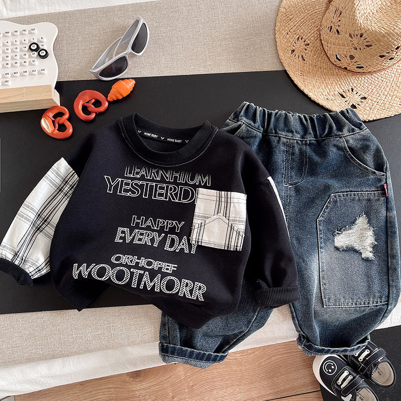 Boys' Spring and Autumn Outfit 2026 New Stylish Infant Children's Clothing Trendy Baby Patchwork Sleeve Round Neck Sweatshirt Two-Piece Set