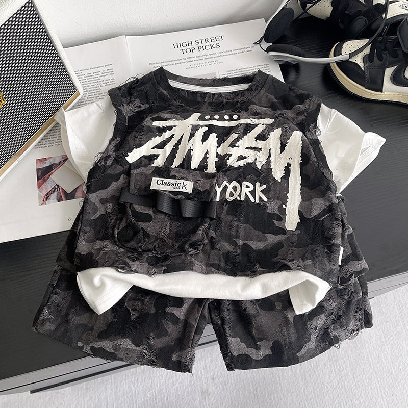 Boys' Outfit 2026 New Fashionable Short-Sleeve for Children, Stylish Baby Summer Letter Print Fake Three-Piece Set
