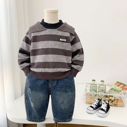 Boys' Outfit 2026 New Style Children's Turn-down Collar Wide Stripe Sweatshirt Two-piece Set Baby Spring and Autumn Casual Trend