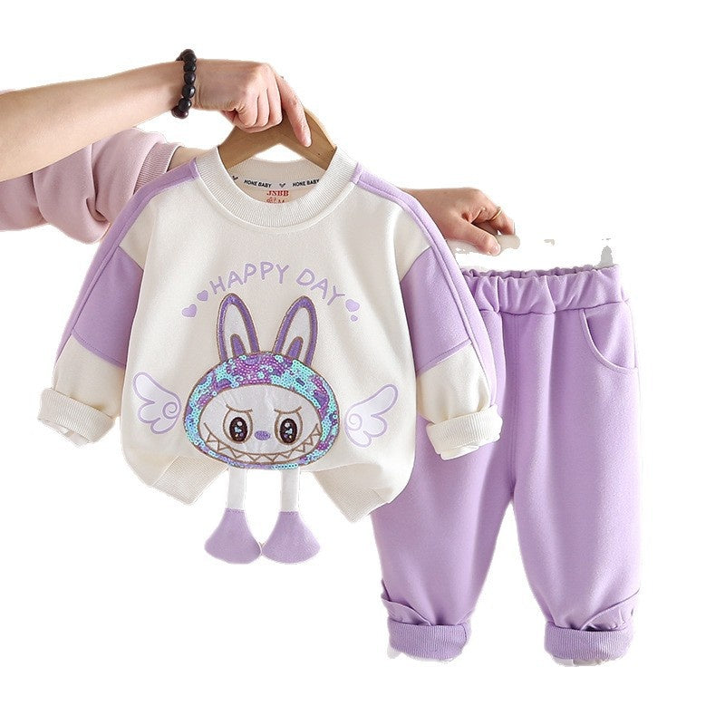 Girls' Sequin Cartoon Sweatshirt 2026 New Fashionable Children's Spring Outfit Two-Piece Set for Baby Girls