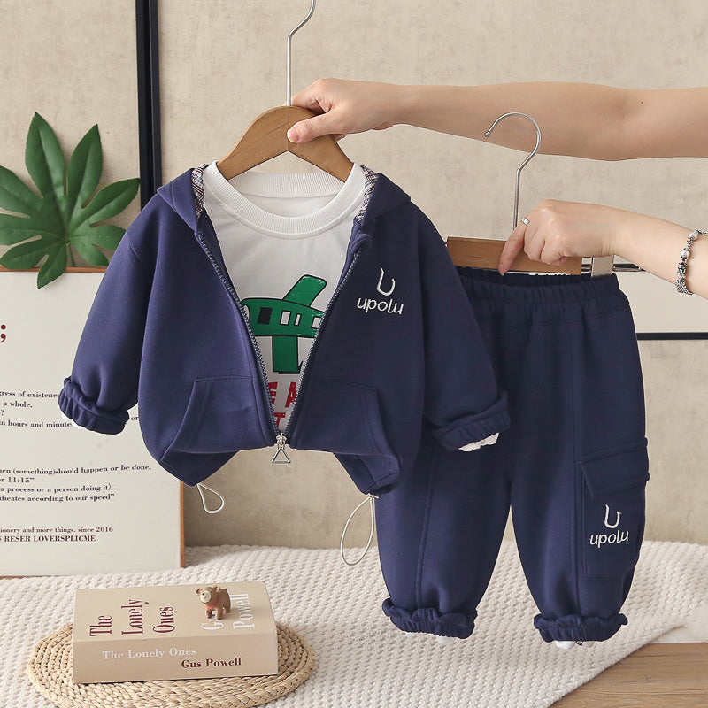Boys' Outfit 2026 New Fashionable Children's Clothing Spring and Autumn Cartoon Airplane Three-Piece Set