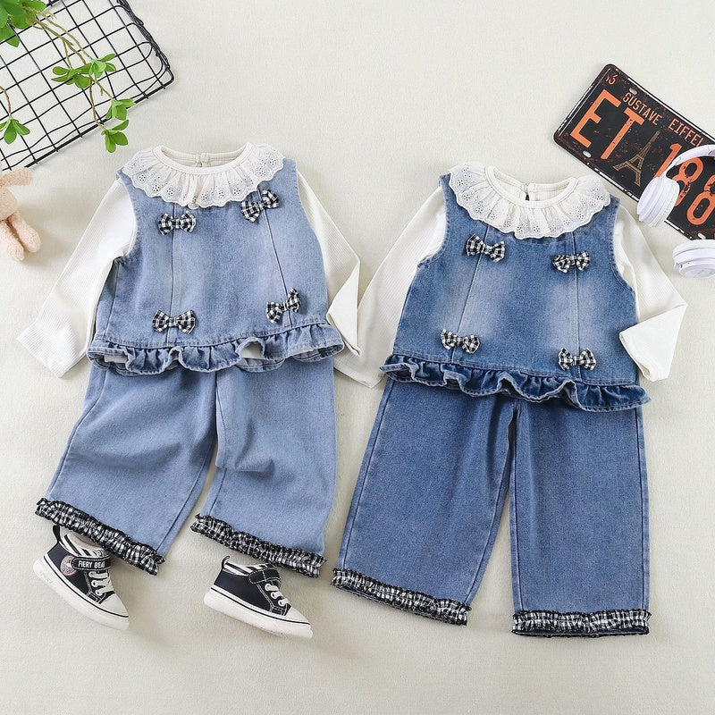 Women's Spring Outfit 2026 New Fashionable Children's Clothing for Girls Baby Doll Collar Plaid Bow Tie Three-Piece Trendy Set