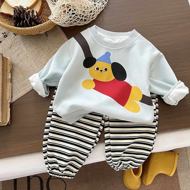 Boys' Spring Outfit Children's Cartoon Animal Round Neck Two-Piece Set 2026 New Style 1-3 Years Old Baby Sweatshirt Trendy Clothes