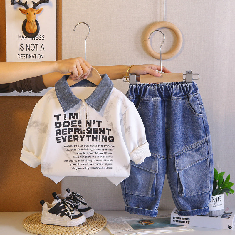Boys' Outfit 2026 New Style Infant Children's Spring and Autumn Baby Loose Half-Zip Sweatshirt Two-Piece Set