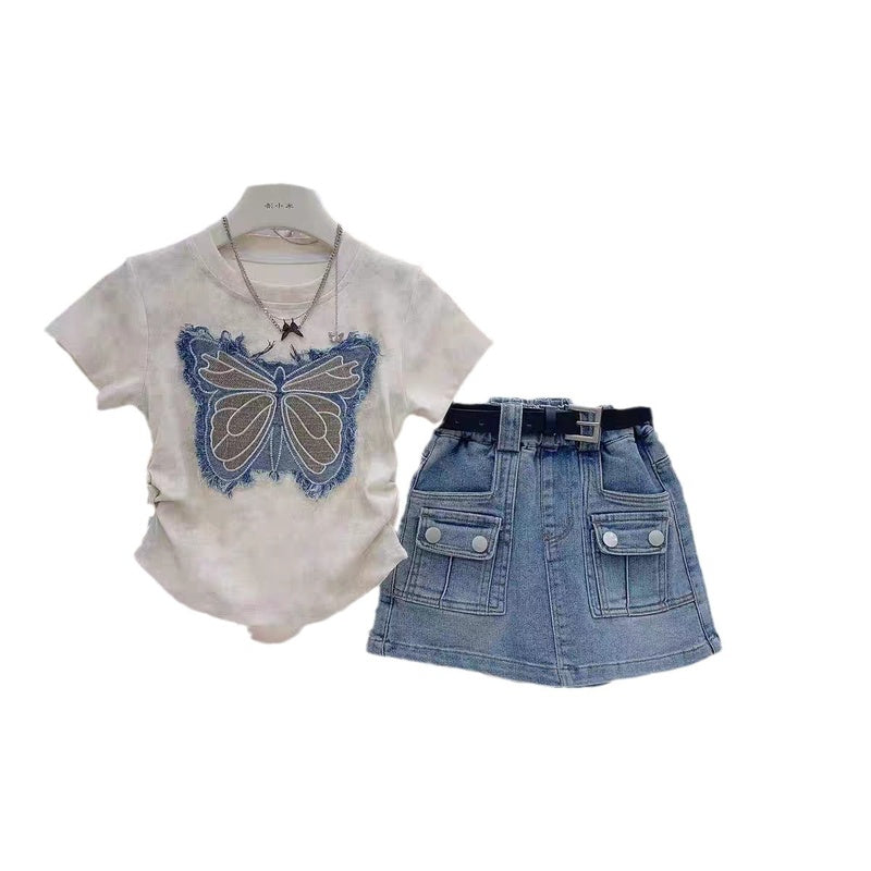 Girls' 2026 Summer New Children's Clothing Set with Unique Bow Embroidered Top and Denim Skirt