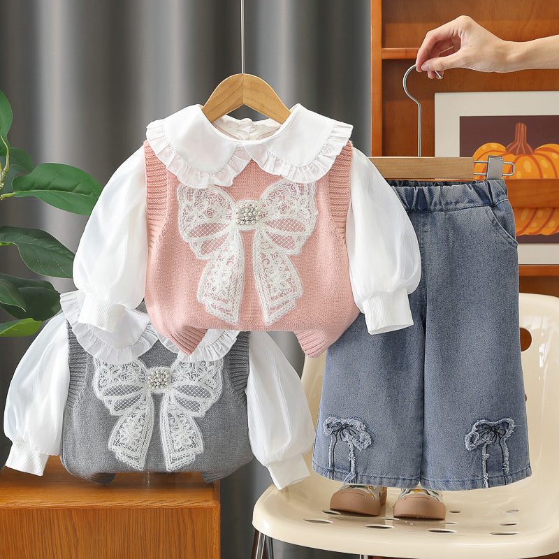 Girls' Outfit: Three-piece Set with Big Bow Sweater, Stylish Fashionable Children's Clothing Spring and Autumn, for 1-year-old baby girls