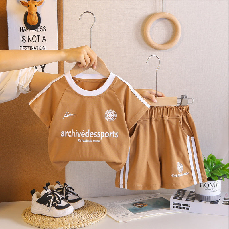 Boys' sports printed short-sleeve suit, 2026 new style, stylish summer clothing for little boys