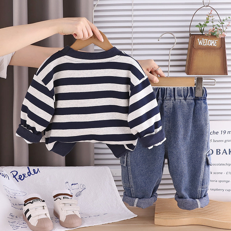 Boys' Suit and Autumn 2026 New Fashionable Children's Long Sleeve Striped Pocket Bear Logo Two-Piece Set Baby Spring Outfit