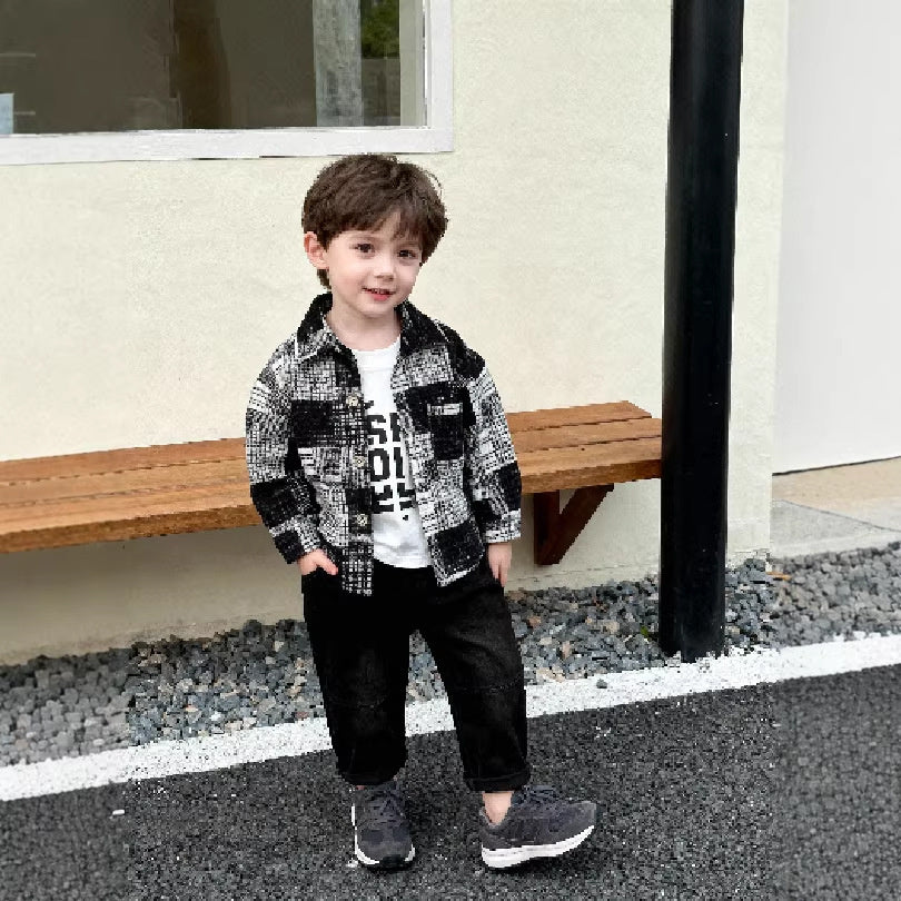 Boys' Suit Autumn 2026 New Spring Black and White Plaid Three-Piece Set Baby Clothes Stylish Jacket Children's Clothing
