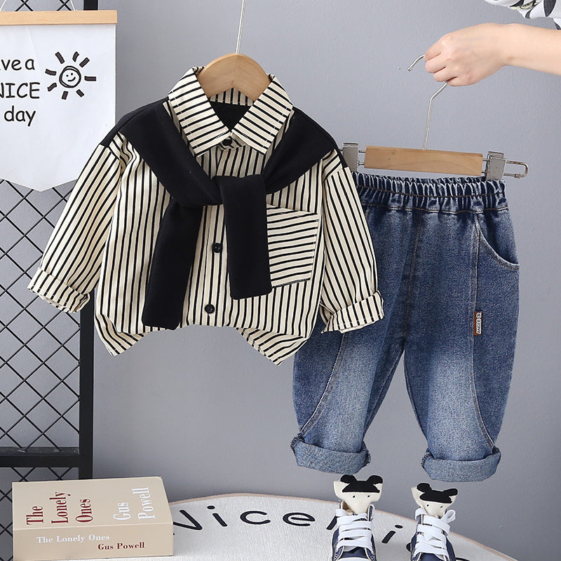 Baby Clothes Spring and Scarf Shirt Set for Boys Stylish Children's One-Year-Old Boy Autumn Outfit Handsome Outdoor Trendy