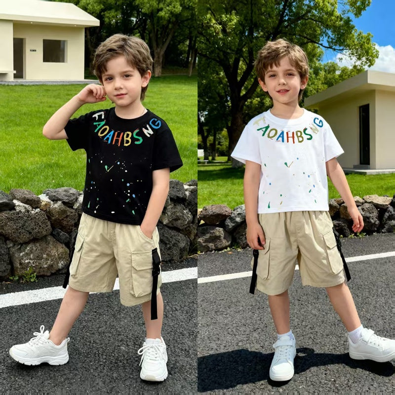 Boys' Outfit 2026 New Style Toddler Letter Print Polka Dot Short Sleeve Children's Clothing Baby Summer Two-Piece Set