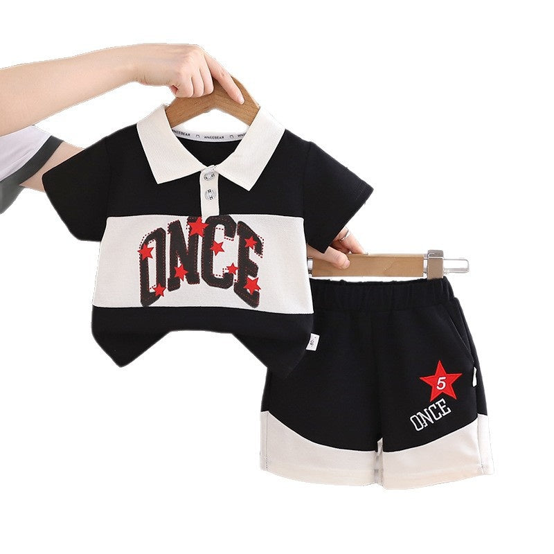 Korean-style boys' summer outfit 2026 new model baby English letter color-blocking turn-down collar short-sleeve button-front children's two-piece set