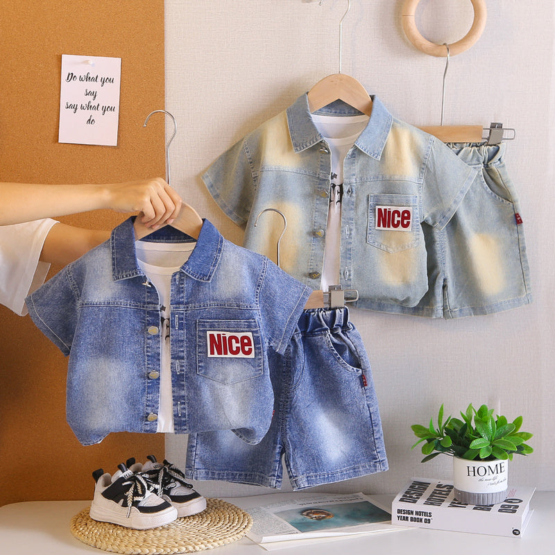 Boys' Outfit 2026 New Stylish Children's Thin Letter Denim Short Sleeve Three-Piece Set Baby Summer Trend