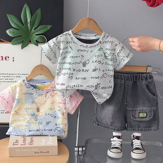 Boys' Outfit 2026 New Fashionable Toddler Baby Summer Clothes Full Print Small Letter Short Sleeve Two-Piece Set