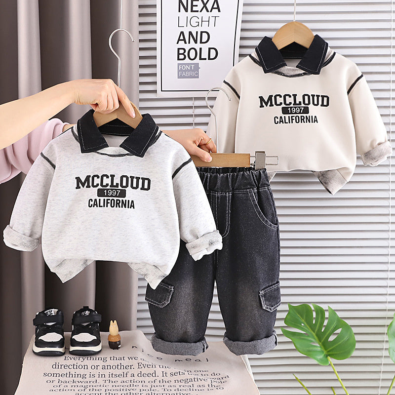 Boys' Outfit 2026 New Fashionable Children's Letter Print Turn-down Collar Long Sleeve Spring and Autumn Two-piece Set Trendy