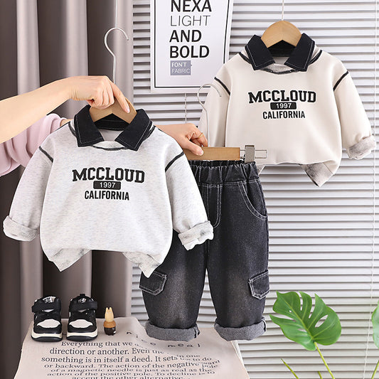 Boys' Outfit 2026 New Fashionable Children's Letter Print Turn-down Collar Long Sleeve Spring and Autumn Two-piece Set Trendy