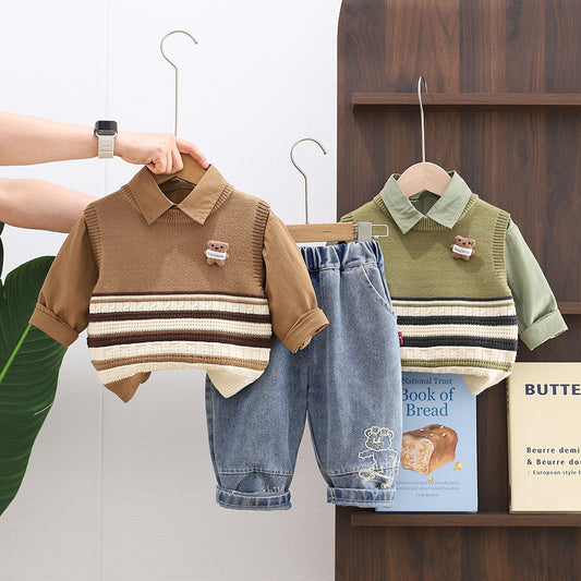 Boys' and Autumn Outfit 2026 New Stylish 1-3 Year Olds, Spring Striped Bear Vest Three-Piece Set for Toddlers