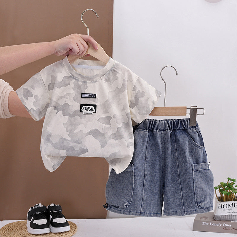Outfit 2026 New Style Toddler Baby Summer Clothes Boys' Children's Camouflage Short Sleeve Two-Piece Set Trendy
