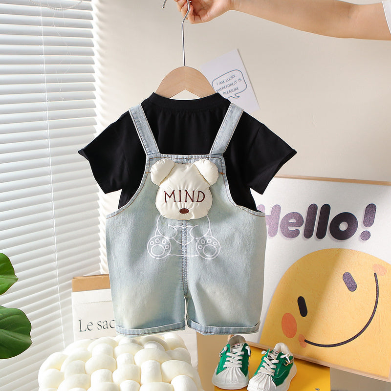 Boys' Outfit 2026 New Trendy Children's Bear Denim Overalls Short Sleeve Baby Korean Style Summer Clothes