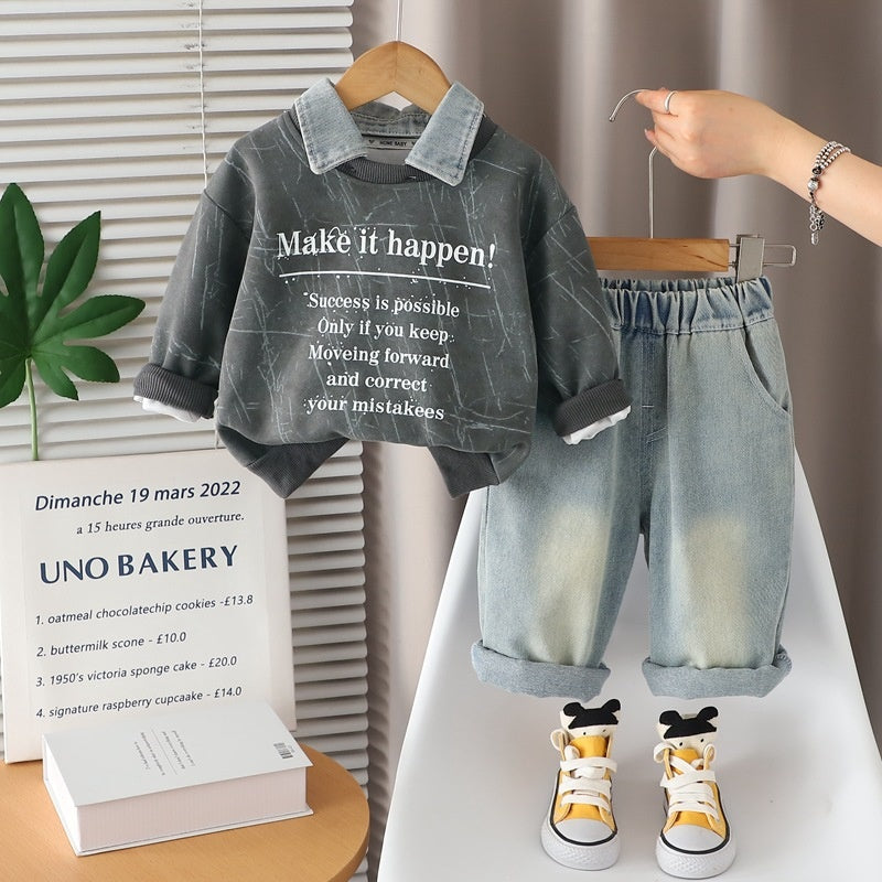 Boys' Suit 2025 New Fashionable Baby Spring and Autumn Korean Style Round Neck Sweatshirt Two-Piece Set