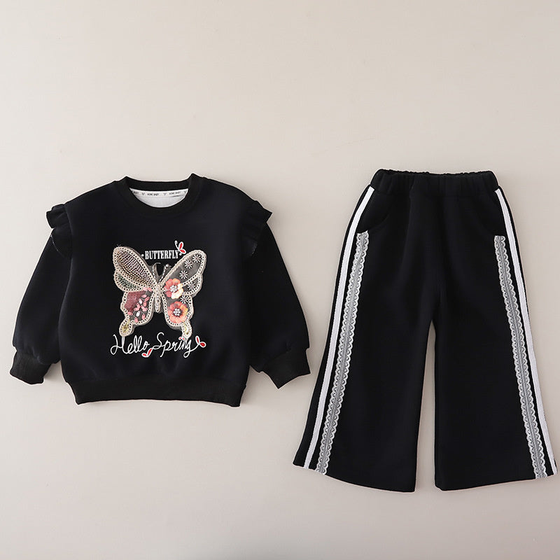 Girls' Spring and Outfit 2026 New Fashionable Baby Girl Autumn Clothing Korean Style Butterfly Sweatshirt Two-Piece Cartoon Trendy Set