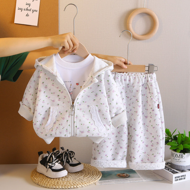 Girls' Outfit Stylish Baby Clothes Spring and Autumn Infant Toddler Full Print Small Flower Lace Three-Piece Set Trendy