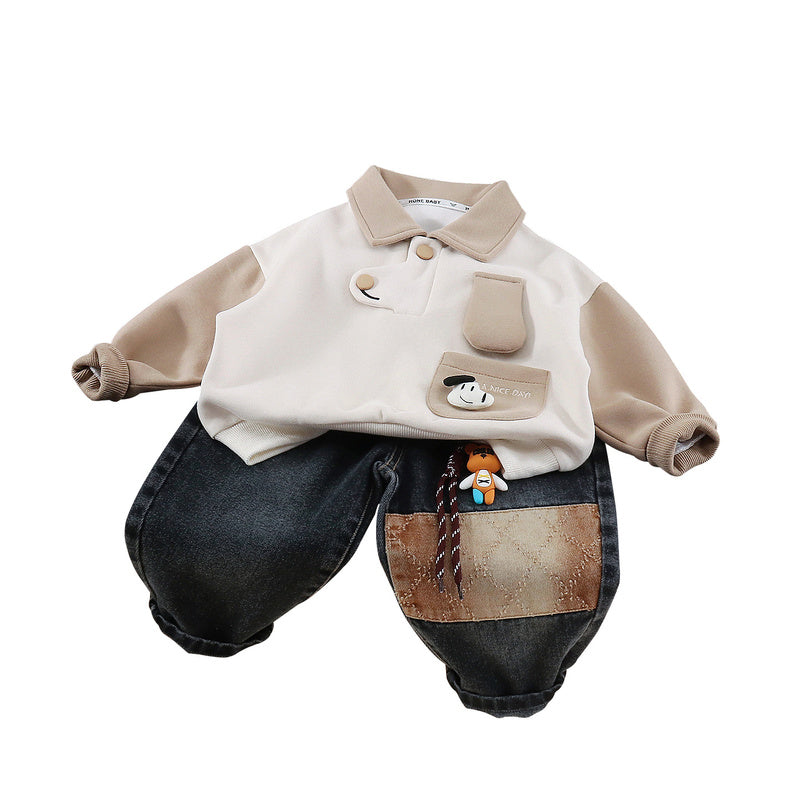 Boys' Outfit 2026 New Fashionable Children's Spring and Autumn Clothes Baby Boy Pocket Dog Sweatshirt Two-Piece Set