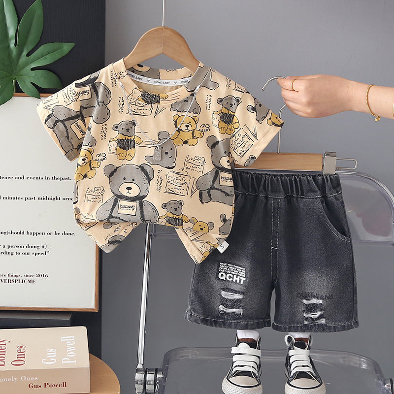 Boys' Outfit: Full-Print Bear Short-Sleeve Two-Piece Set, Baby Summer 2026 New Thin Fashionable Infant Trendy Clothing