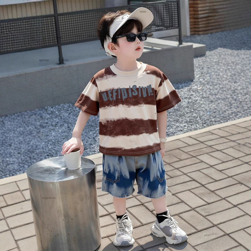 Baby Boy Outfit 2026 New Children's Summer Clothes 1-3 Years Old 5-Stripe Large Letter Short Sleeve Two-Piece Set Trendy